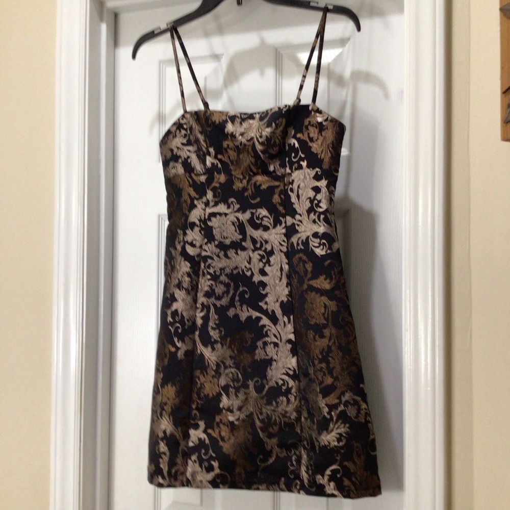Urban Outfitters Black and Gold Brocade Spaghetti-Strap Mini Dress